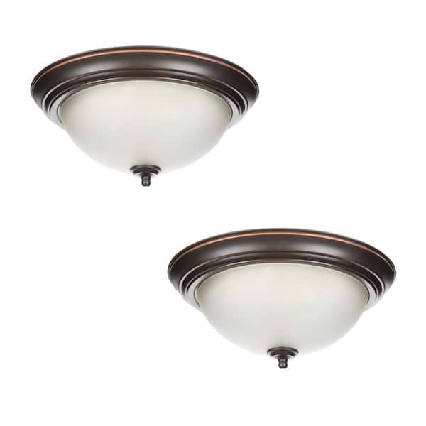 Commercial Electric 13 in. 2-Light Oil Rubbed Bronze Flush Mount with Frosted Glass Shade (2-Pack)