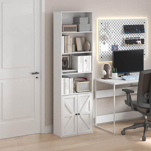 Jensen 71.26 in. Tall White Wood 6-Shelf Bookcase with Farmhouse Style