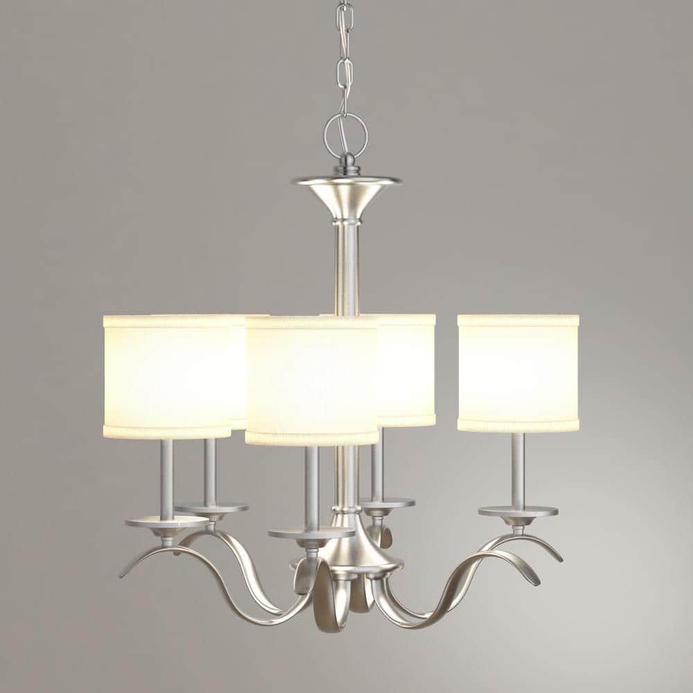 Brushed Nickel 5-Light Chandelier with Off-White Drum Shades