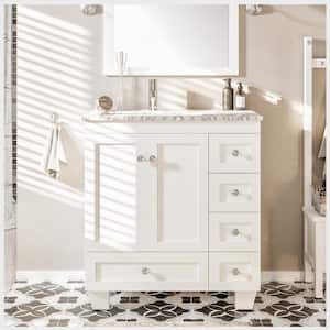 Happy 30 in. W x 18 in. D x 34 in. H Bathroom Vanity in White with White Carrara Marble Top with White Sink