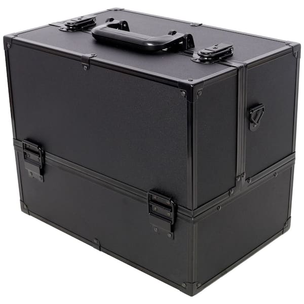 14 in. Professional Large Makeup Train Case, Lockable Cosmetic Organizer Box with 6 Adjustable Trays in Black
