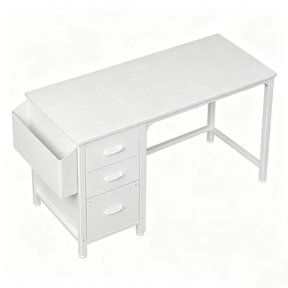 55 in. W White Metal Gaming Computer Desk with File Drawers Cabinet