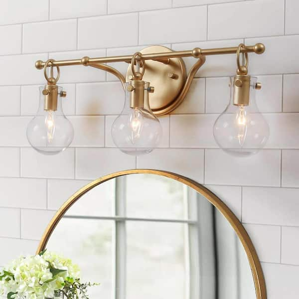 LNC Modern 21 in. 3-Light Brass Gold Bath Vanity Light with Globe Clear Glass Shade Wall Sconce, LED Compatible