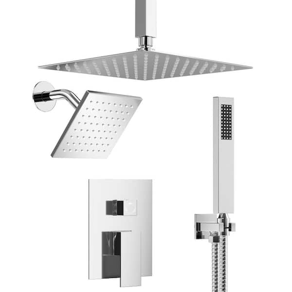 10&6 in. Dual Square Shower Heads Double Handle 3-Spray Tub and Shower Faucet 2.5 GPM in Brushed Nickel Valve Included