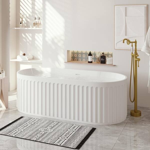67 in. Stone Resin Flatbottom Solid Surface Striped Freestanding Soaking Bathtub in White with Brass Drain