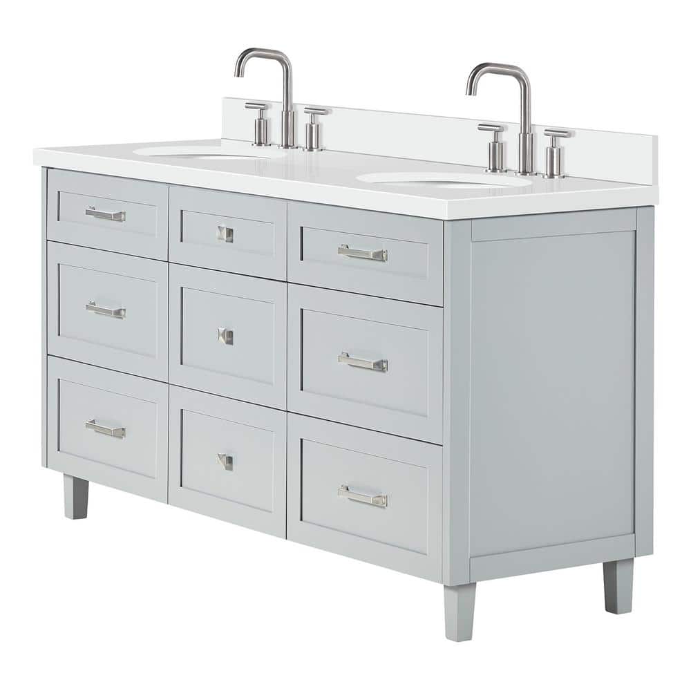 Monroe 67" Light Gray Wood Double Sink Vanity with White Quartz Top