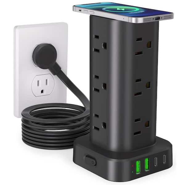 Black 12-Outlet Surge Protector Power Tower with 15-Watt Wireless Charger, 4 USB Ports and 10 ft. Flat-Plug Cord