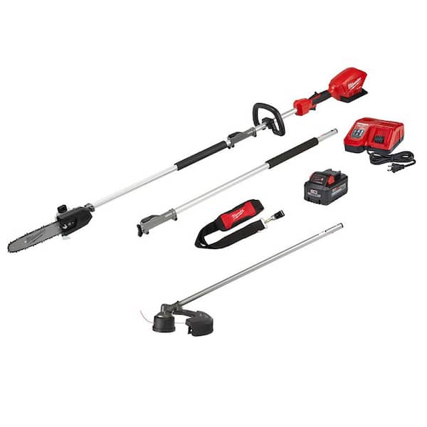 Milwaukee M18 FUEL 10 in. 18V Brushless Quik-LOK Electric Cordless Pole Saw Kit, 8.0 Ah Battery and String Trimmer Attachment