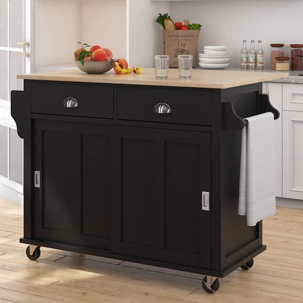 Ziyudura Black Drop Leaf Wood Top 52 in. Kitchen Island Cart