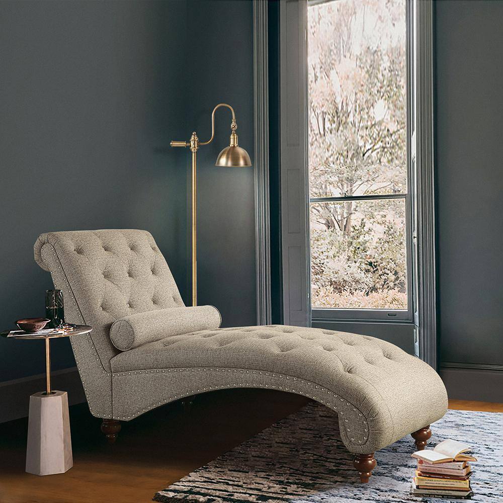 Bonne Brown Tufted Chaise with Bolster Pillow and Nailhead Trim