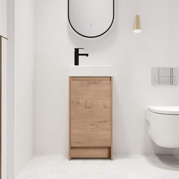 ARTCHIRLY 16.1 in. W x 8.9 in. D x 33.5 in. H Freestanding Bath Vanity in Light Brown with White Ceramic Vanity Top