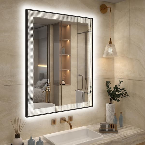 Apmir 36 in. W x 28 in. H Rectangular Framed Checkerboard LED Lighted Anti-Fog Tempered Glass Wall Bathroom Vanity Mirror