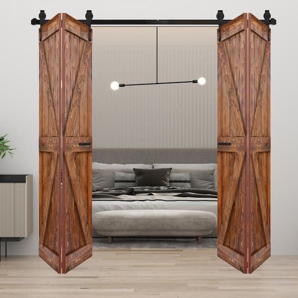 ISLIFE K Style 48 in. x 84 in.(12 in. x 84 in. x 4-Panels)Classic Walnut Solid Wood Bi-Fold Door W/Hardware Kit-Assembly Needed