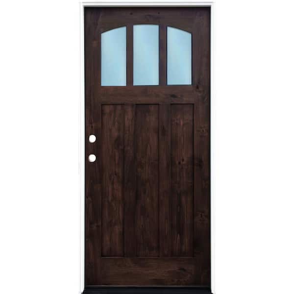 Pacific Entries 36 in. x 80 in. 3 Lite Right Hand/Inswing Reed Glass Brown Stained Wood Prehung Front Door with 6-9/16 in. Composite Jmb