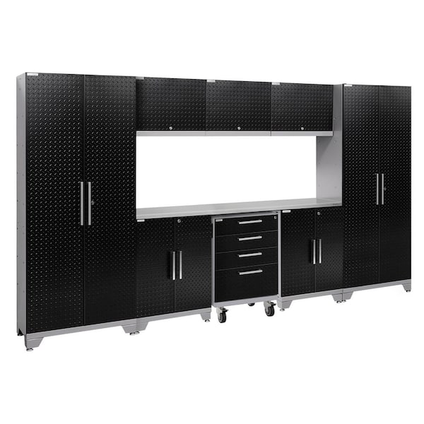 NewAge Products Performance 2.0 Diamond Plate 77.25 in. H x 132 in. W x 18 in. D Steel Garage Cabinet Set in Black (9-Piece)