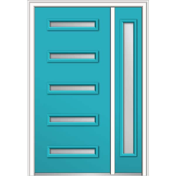 MMI Door 51 in. x 81.75 in. Davina Frosted Right-Hand 5-Lite Modern Painted Fiberglass Smooth Prehung Front Door with Sidelite