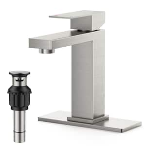 Single Handle Single Hole Mic Arc Bathroom Faucet with Deck plate, Pop-up Drain and PEX supply line in Brushed Nickel