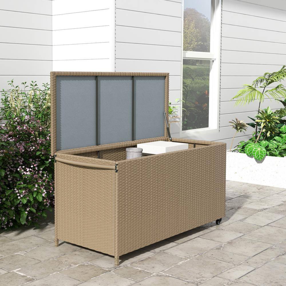 Large Brown Wicker Plastic Deck Box with Wheels