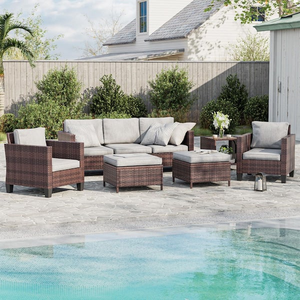 6-Piece Patio Sofa Set Brown Wicker Outdoor Furniture Set with Coffee Table, Linen Grey