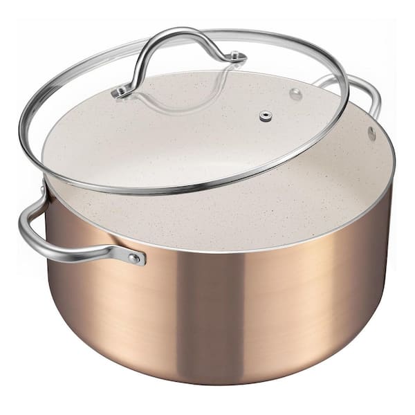 6 Quart Golden Granite Nonstick Aluminum Stock Pot with Lid Induction Compatible Oven Safe Non-Toxic Finish