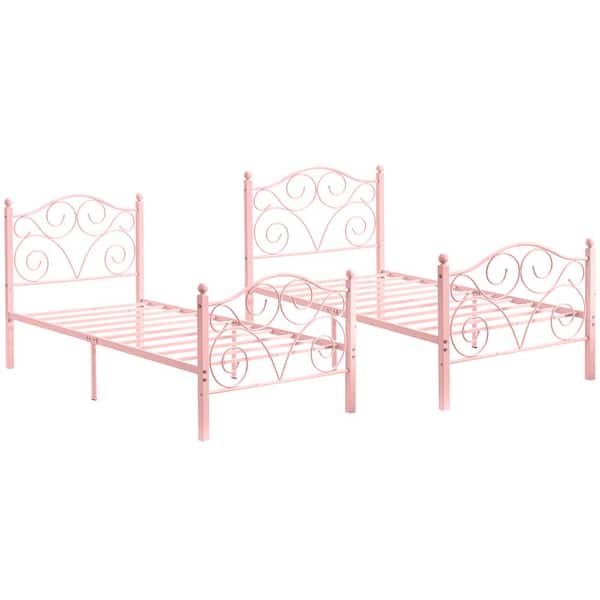 VECELO Twin Size 2-Piece Metal Platform Bed Frame Set - No Box Spring Needed, Pink Style 7