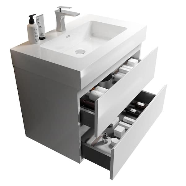 INSTER NOBLE 30 in. W x 18 in. D x 25 in. H Single Sink Floating Bath Vanity in White with White Solid Surface Top (No Faucet)