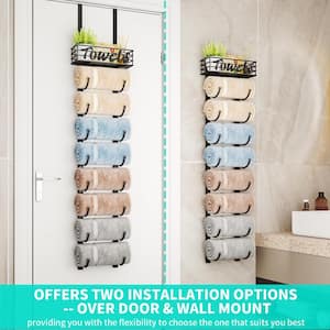 9-Tier Over The Door Towel Racks, Wall Mounted Towel Holder with Metal Shelf, Door Hanging Towel Storage in Black