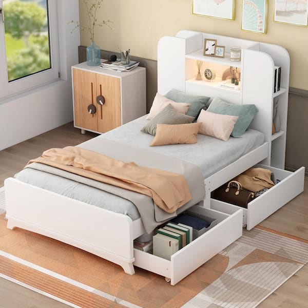 Harper & Bright Designs White Wood Frame Twin Size Platform Bed with Storage Headboard, Multiple Shelves on Both Sides, 2-Drawer, Light Strip