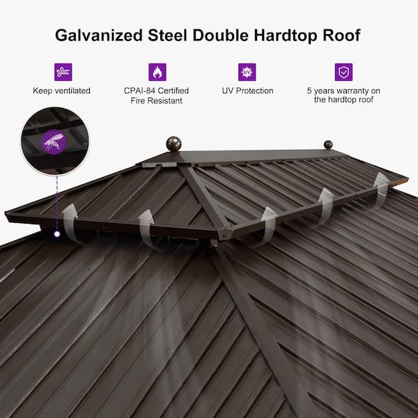 14 ft. x 28 ft. Bronze Patio Outdoor Gazebo for Backyard Hardtop Aluminum Frame w/Hook, Netting, Khaki Curtain,48-Lights