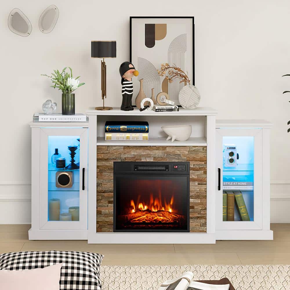 White MDF Fireplace TV Stand with LED Lights and Cabinets