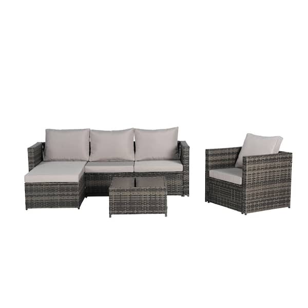 3-Pieces Outdoor Wicker Sectional L-Shaped Conversation Set with Gray Cushions and Coffee Table for Poolside