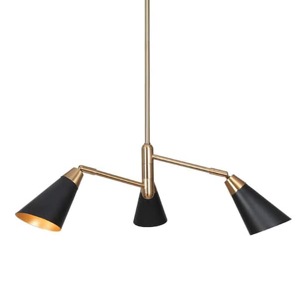 Zevni Modern 3-light Plated Brass Island Chandelier, Transitional Chandelier with Adjustable Black Cone Shade for Dinning Room