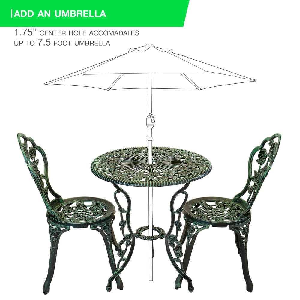 Verdigris Cast Iron and Aluminum Rose Pattern Bistro Set