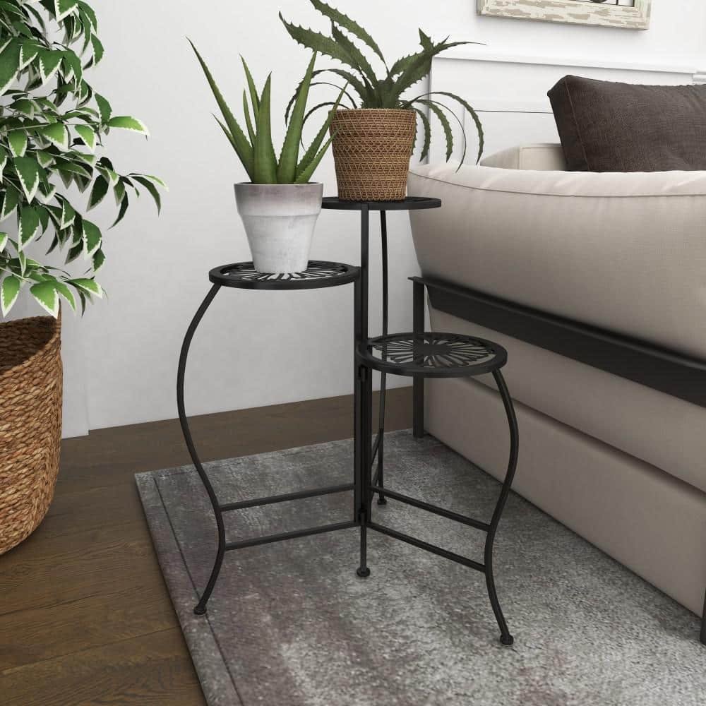 24" Black Metal 3-Tier Round Plant Stand