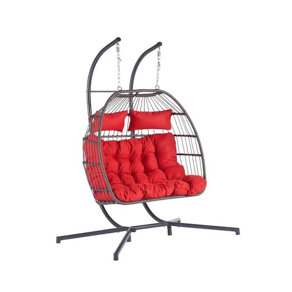 Miscool Anky 3.2 ft. D 2-Person Black Wicker Free Standing Hanging Egg Chair Patio Swings Hammock Chair with Red Cushions