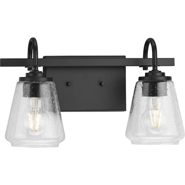 Progress Lighting Martenne 14 in. 2-Light Matte Black Vanity Light with Seeded Glass Shade