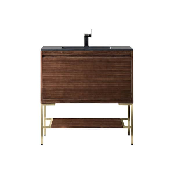 James Martin Vanities Mantova 35.4 in. W x 18 in. D x 36 in. H Single Bathroom Vanity Mid-Century Walnut & Charcoal Black Composite Stone Top
