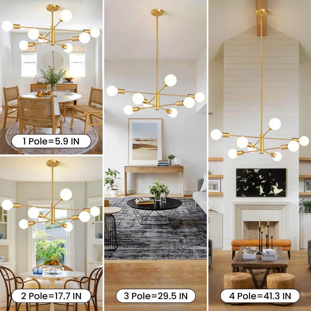 Gold 8-Light Sputnik Chandelier with Adjustable Rods