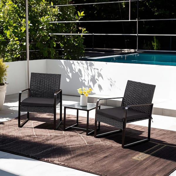 3-Piece Black Wicker Outdoor Bistro Set with Black Cushions