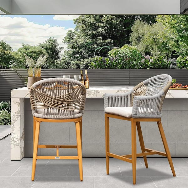 Aluminum Outdoor Bar Stools Set 2 Counter Height Bar Chairs with Khaki Cushion Modern Textilene Rope, Rounded Backrest