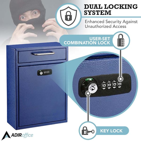 Blue Large Drop Box Wall Mounted Locking Mail Box with Key and Combination lock