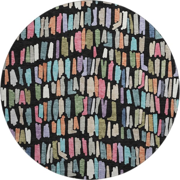 Mayfield Premium Machine Washable Abstract AMF2377 Black 8 ft. x 8 ft. Round Rug