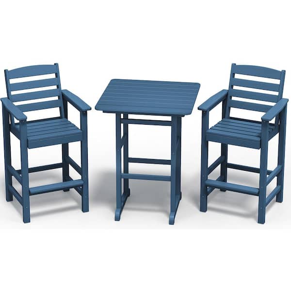 3-Piece HDPE Outdoor Patio Bar Set, Oversize Tall Adirondack Bar Chair and Table Set, Navy Blue