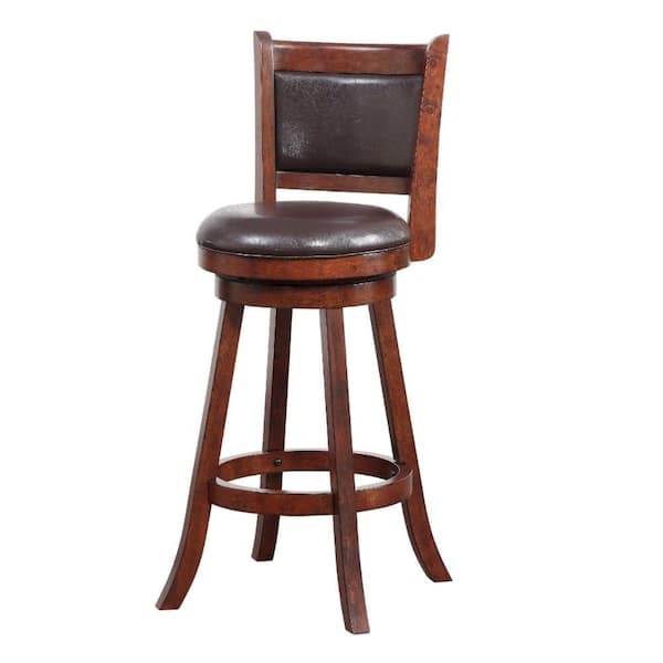 Benjara 43.5 in. Espresso Brown Faux Leather Swivel Barstool with Flared Wood Legs