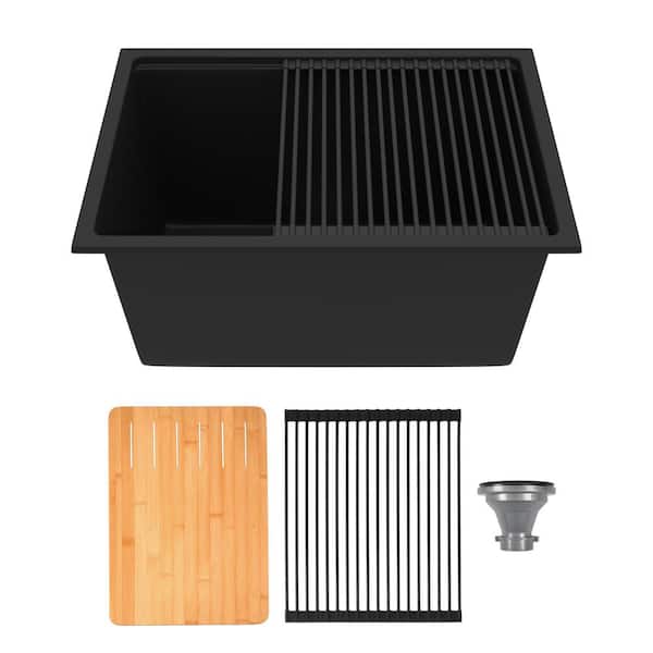 Workstation 25 in. Undermount Quartz Composite Single Bowl Kitchen Sink in Matte Black with Accessories