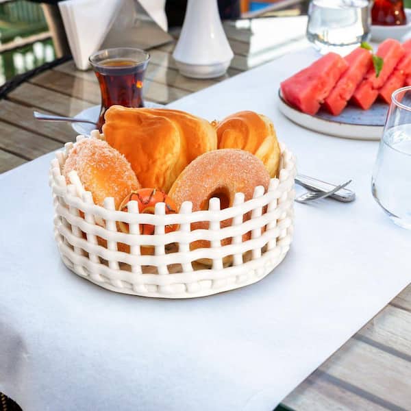 1-Piece 8.27 in. White Ceramic Fruit Bowl, Round Bread Fruit Basket for Kitchen Counter Home Table Decor