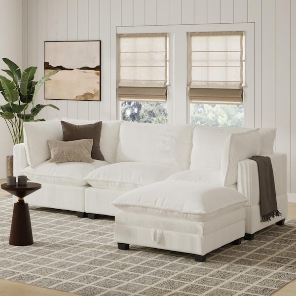Chelsea 111 in. sq. Arm Corduroy Fabric Upholstery Modular 2-Seater Sofa and Ottoman Set in Pearl White