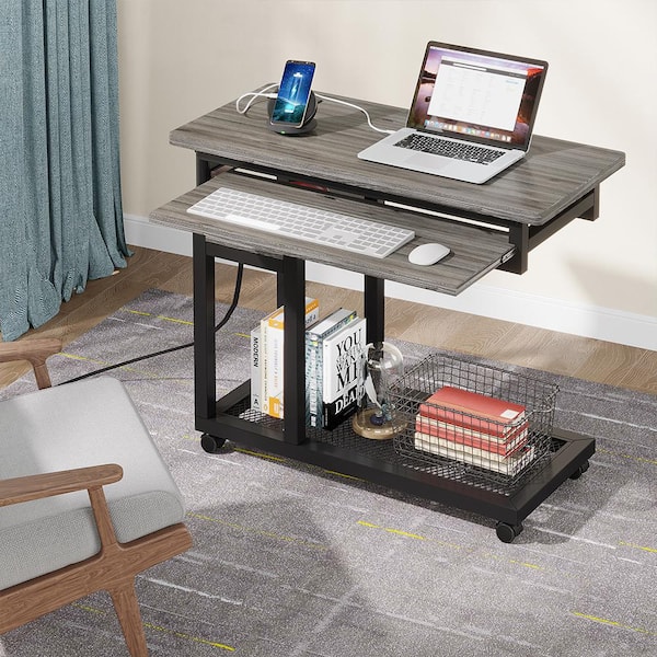 Kerlin 31.5 in. Height Adjustable Gray C-shaped Engineered Wood End Table with Power Outlets and Wheels