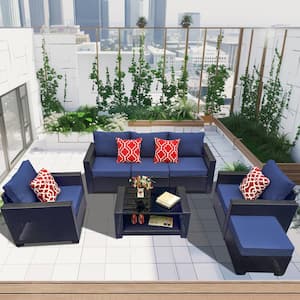 7-Piece Black Wicker Patio Conversation Set with Navy Blue Cushion