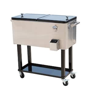 80 QT Rolling Ice Chest Portable Patio Party Drink Cooler Cart, Stainless Steel